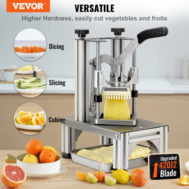 VEVOR Commercial French Fry Cutter with 4 Replacement Blades, 1/4″ & 3/8″ Blade Easy Dicer Chopper, 6-wedge Slicer & 6-wedge Apple Corer, Lemon Potato Cutter for French Fries with Tray and Handle - Image 2