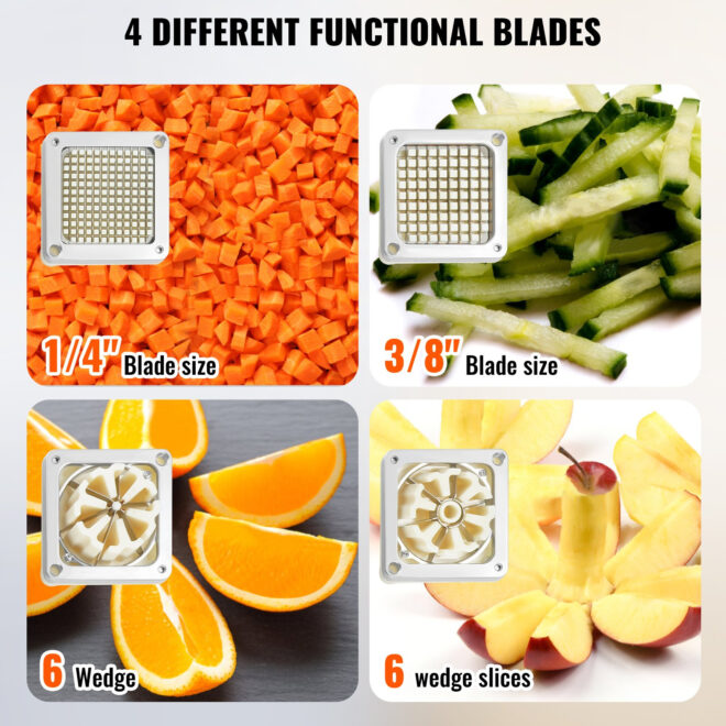 VEVOR Commercial French Fry Cutter with 4 Replacement Blades, 1/4″ & 3/8″ Blade Easy Dicer Chopper, 6-wedge Slicer & 6-wedge Apple Corer, Lemon Potato Cutter for French Fries with Tray and Handle - Image 3