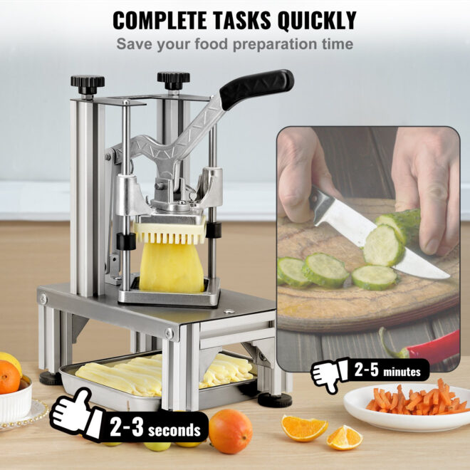 VEVOR Commercial French Fry Cutter with 4 Replacement Blades, 1/4″ & 3/8″ Blade Easy Dicer Chopper, 6-wedge Slicer & 6-wedge Apple Corer, Lemon Potato Cutter for French Fries with Tray and Handle - Image 4