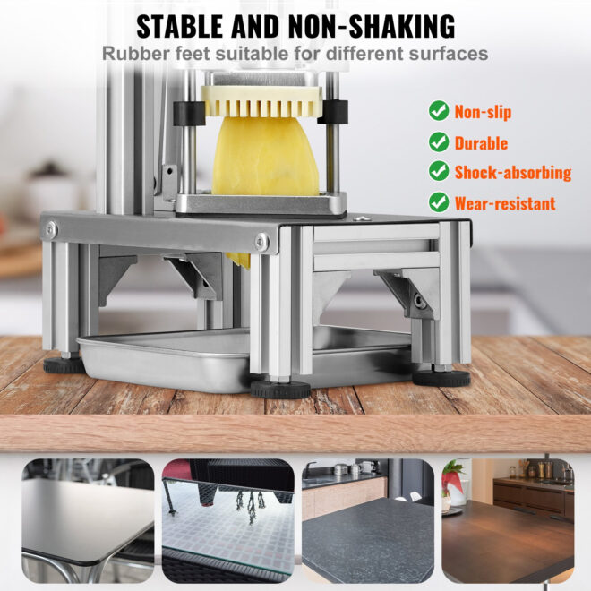 VEVOR Commercial French Fry Cutter with 4 Replacement Blades, 1/4″ & 3/8″ Blade Easy Dicer Chopper, 6-wedge Slicer & 6-wedge Apple Corer, Lemon Potato Cutter for French Fries with Tray and Handle - Image 5