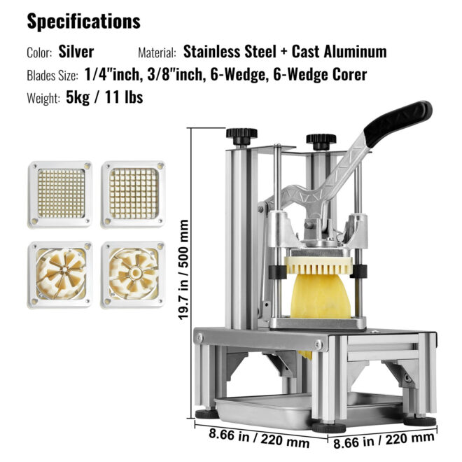 VEVOR Commercial French Fry Cutter with 4 Replacement Blades, 1/4″ & 3/8″ Blade Easy Dicer Chopper, 6-wedge Slicer & 6-wedge Apple Corer, Lemon Potato Cutter for French Fries with Tray and Handle - Image 7
