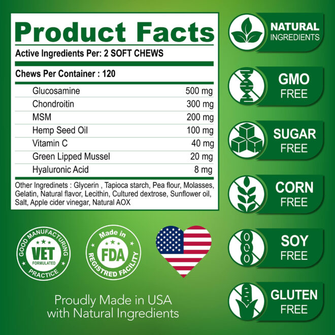Hemp Hip and Joint Support Supplement for Dogs Glucosamine for Dogs Dog Joint Supplement Hip and Joint Chews for Dogs with Chondroitin MSM Hemp Oil Dog Pain Relief - Image 6