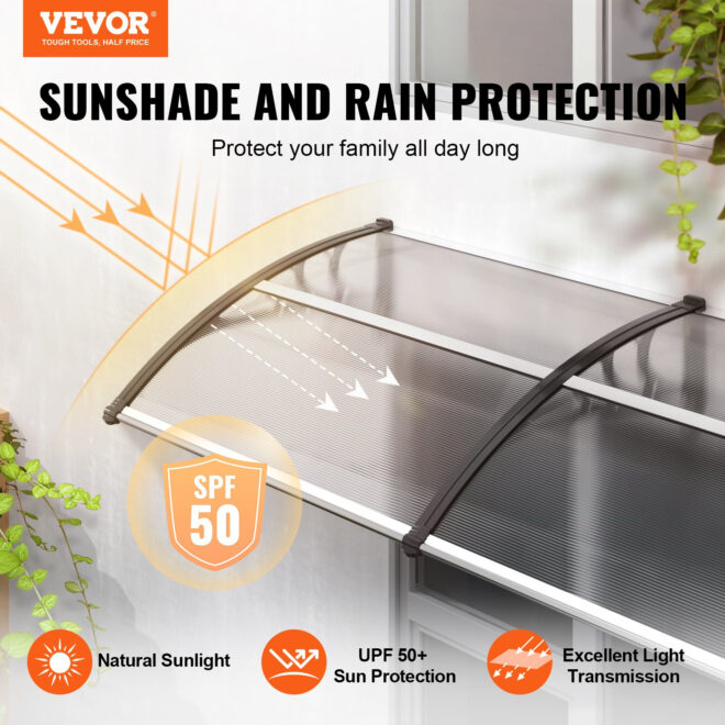 VEVOR Window Door Awning Canopy 40" x 40", UPF 50+ Polycarbonate Entry Door Outdoor Window Awning Exterior, Front Door Overhang Awning for Sun Shutter, UV, Rain, Snow Protection, Hollow Sheet - Image 2