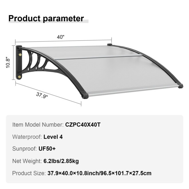 VEVOR Window Door Awning Canopy 40" x 40", UPF 50+ Polycarbonate Entry Door Outdoor Window Awning Exterior, Front Door Overhang Awning for Sun Shutter, UV, Rain, Snow Protection, Hollow Sheet - Image 7