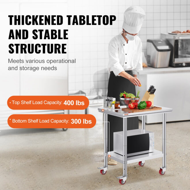 VEVOR Stainless Steel Work Table with Wheels 24 x 30 Prep Table with casters Heavy Duty Work Table for Commercial Kitchen Restaurant Business (24 x 30 x 33.8 Inch) - Image 3