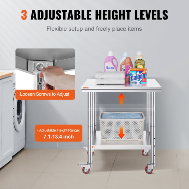 VEVOR Stainless Steel Work Table with Wheels 24 x 30 Prep Table with casters Heavy Duty Work Table for Commercial Kitchen Restaurant Business (24 x 30 x 33.8 Inch) - Image 5