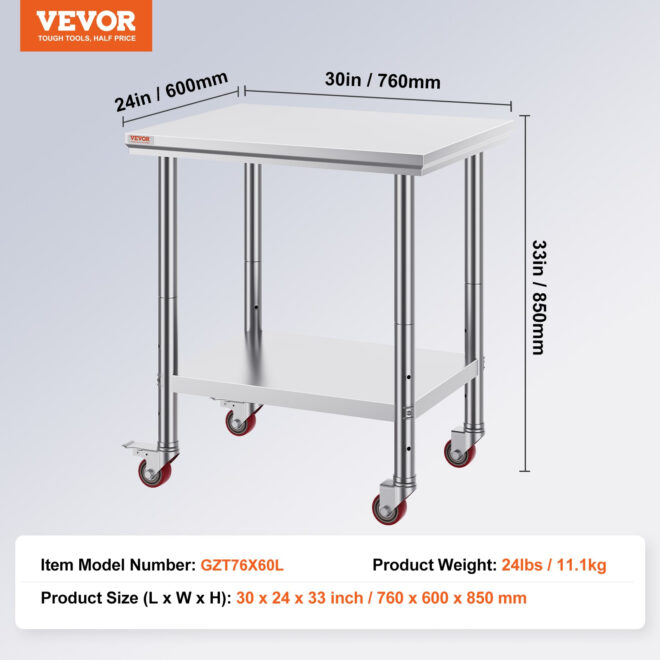 VEVOR Stainless Steel Work Table with Wheels 24 x 30 Prep Table with casters Heavy Duty Work Table for Commercial Kitchen Restaurant Business (24 x 30 x 33.8 Inch) - Image 7