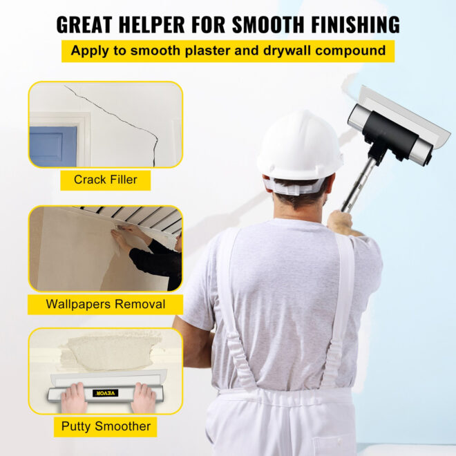 VEVOR Skimming Blade Set,10"+24"+32" Blades + 35"-78" Extension Handle, European Stainless Steel Construction Knife, Aluminum Blade Profile Smoothing Knockdown Spatula for Gyprock/Drywall/Wall-Board - Image 2