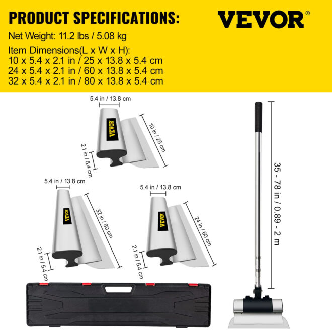 VEVOR Skimming Blade Set,10"+24"+32" Blades + 35"-78" Extension Handle, European Stainless Steel Construction Knife, Aluminum Blade Profile Smoothing Knockdown Spatula for Gyprock/Drywall/Wall-Board - Image 7
