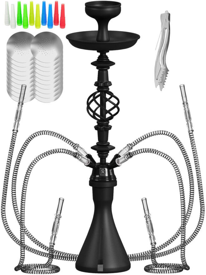 Hookah Set With Everything 4 Hose Black Hookah Set with 50x Foil Big Silicone Bowl 10x Tips 4x Mouthpiece 4x Hookah Hose Tongs - Image 4