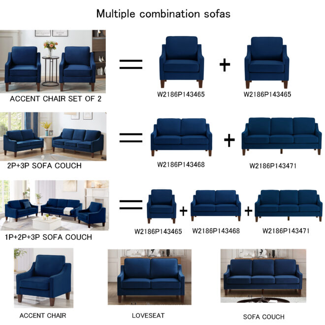 Modern Loveseat sofa for Living Room, Upholstered Velvet Small Couch with Wooden Legs for Livingroom Bedroom, Navy - Image 2