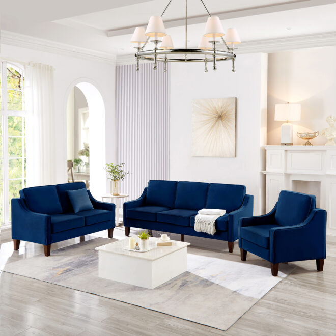 Modern Loveseat sofa for Living Room, Upholstered Velvet Small Couch with Wooden Legs for Livingroom Bedroom, Navy - Image 11