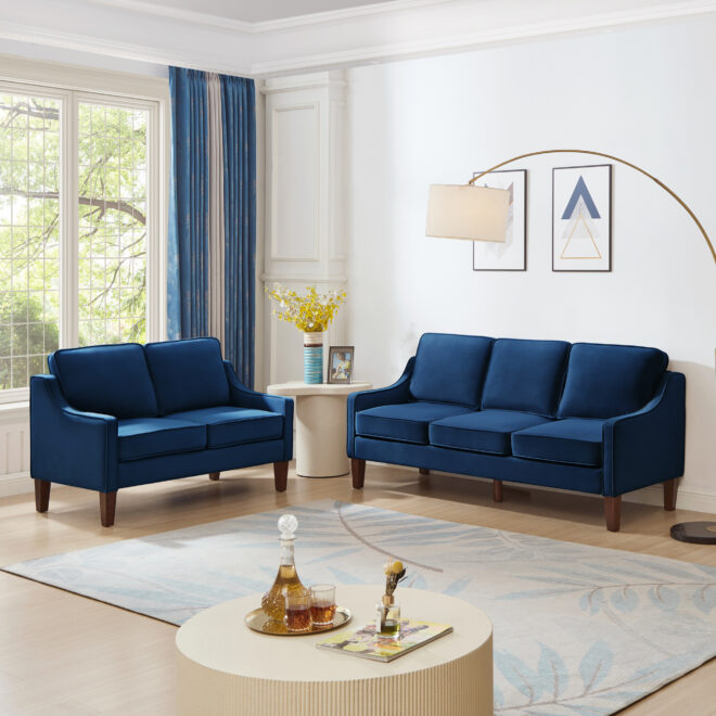 Modern Loveseat sofa for Living Room, Upholstered Velvet Small Couch with Wooden Legs for Livingroom Bedroom, Navy - Image 12