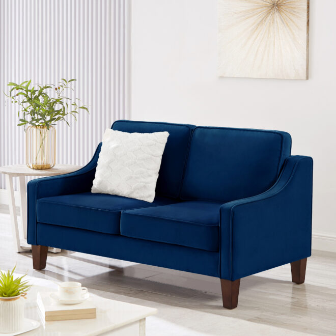 Modern Loveseat sofa for Living Room, Upholstered Velvet Small Couch with Wooden Legs for Livingroom Bedroom, Navy - Image 3