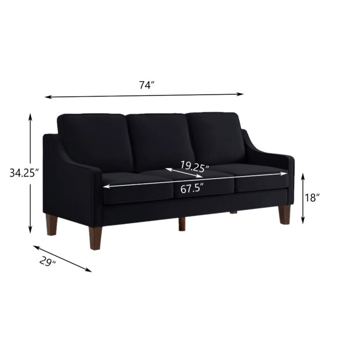 Modern 3 Person seat Sofa Couch with Scooped Armrest/Wood legs,Upholstered Velvet 3-seat Sofa with Removable Cushions for Livingroom Bedroom,Black - Image 11