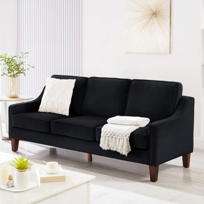 Modern 3 Person seat Sofa Couch with Scooped Armrest/Wood legs,Upholstered Velvet 3-seat Sofa with Removable Cushions for Livingroom Bedroom,Black - Image 3