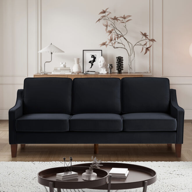 Modern 3 Person seat Sofa Couch with Scooped Armrest/Wood legs,Upholstered Velvet 3-seat Sofa with Removable Cushions for Livingroom Bedroom,Black