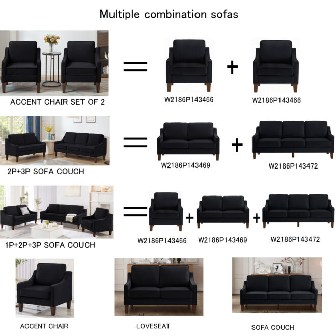 Modern Loveseat sofa for Living Room, Upholstered Velvet Small Couch with Wooden Legs for Livingroom Bedroom, Black - Image 2