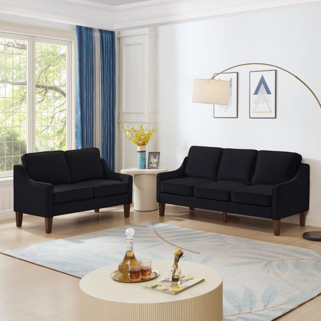 Modern Loveseat sofa for Living Room, Upholstered Velvet Small Couch with Wooden Legs for Livingroom Bedroom, Black - Image 11