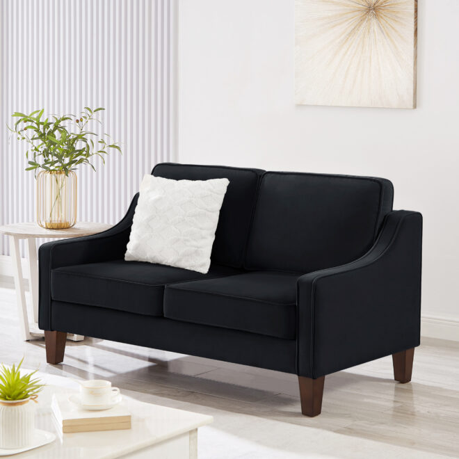 Modern Loveseat sofa for Living Room, Upholstered Velvet Small Couch with Wooden Legs for Livingroom Bedroom, Black - Image 3