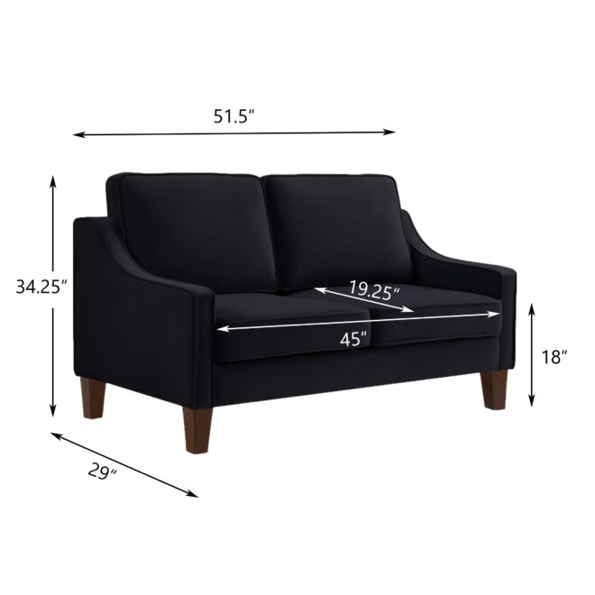 Modern Loveseat sofa for Living Room, Upholstered Velvet Small Couch with Wooden Legs for Livingroom Bedroom, Black - Image 9