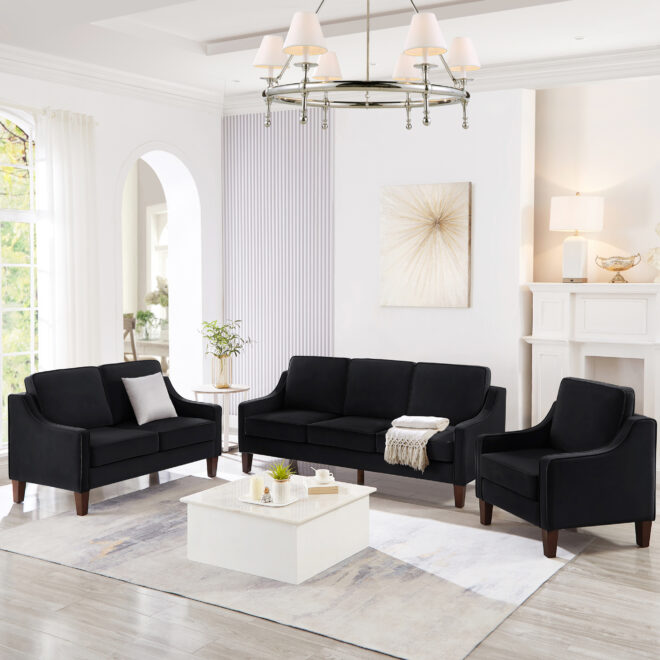 Modern Loveseat sofa for Living Room, Upholstered Velvet Small Couch with Wooden Legs for Livingroom Bedroom, Black - Image 10