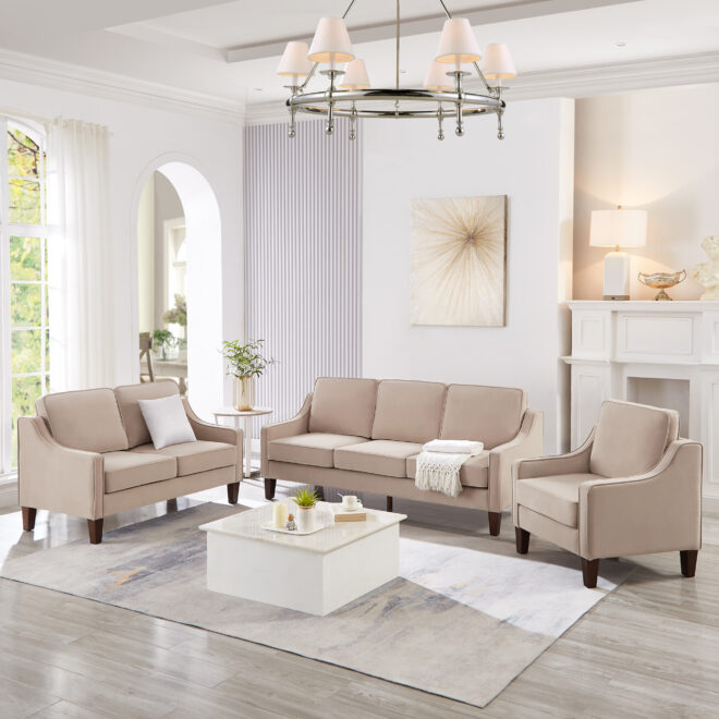 Modern Loveseat sofa for Living Room, Upholstered Velvet Small Couch with Wooden Legs for Livingroom Bedroom, Taupe - Image 11