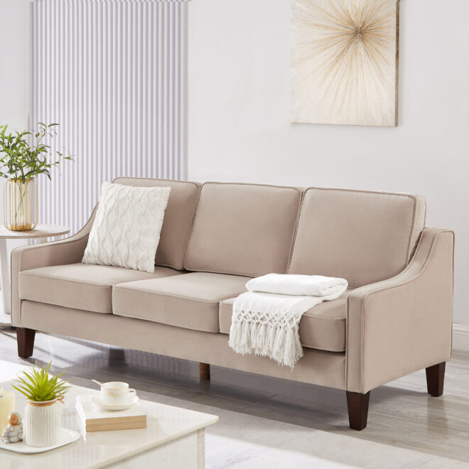 Modern 3 Person seat Sofa Couch with Scooped Armrest/Wood legs,Upholstered Velvet 3-seat Sofa with Removable Cushions for Livingroom Bedroom,Taupe - Image 3