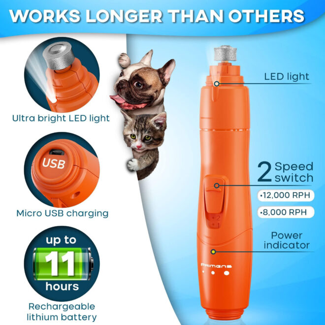 Orange Dog Nail Grinder with LED Light Rechargeable Dog Nail Grinder for Large Dogs Medium Small Dogs Professional Pet Nail Grinder for Dogs Quiet Soft Puppy Grooming Cat Nail Grinder Dog Nail Trimmer - Image 2
