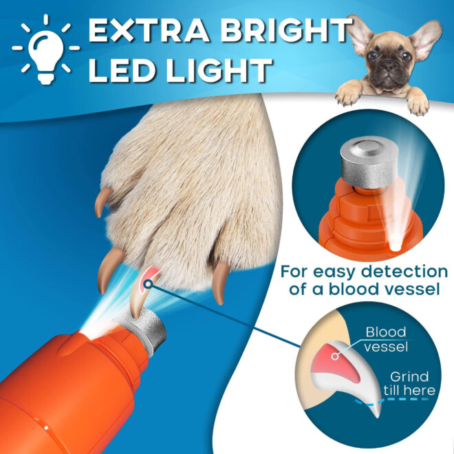 Orange Dog Nail Grinder with LED Light Rechargeable Dog Nail Grinder for Large Dogs Medium Small Dogs Professional Pet Nail Grinder for Dogs Quiet Soft Puppy Grooming Cat Nail Grinder Dog Nail Trimmer - Image 6