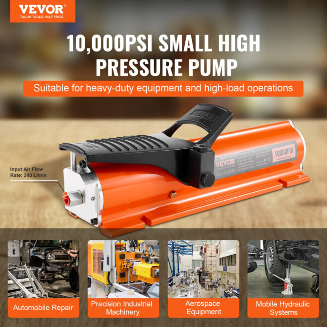 VEVOR 10, 000PSI Air Hydraulic Pump, 0.18 Gal Reservoir, NPT 3/8 in Oil Outlet, NPT 1/4 in Inlet, Metal Shell Air Actuated Treadle Foot Pump, for Precision Industrial Machinery & Aerospace Equipment - Image 2