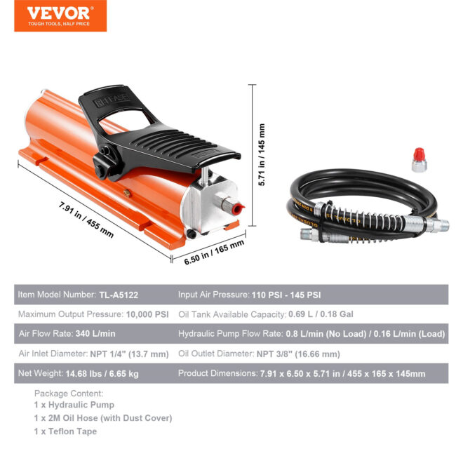 VEVOR 10, 000PSI Air Hydraulic Pump, 0.18 Gal Reservoir, NPT 3/8 in Oil Outlet, NPT 1/4 in Inlet, Metal Shell Air Actuated Treadle Foot Pump, for Precision Industrial Machinery & Aerospace Equipment - Image 7