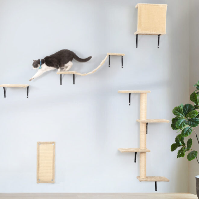 5 Pcs Wall Mounted Cat Climber Set;  Floating Cat Shelves and Perches;  Cat Activity Tree with Scratching Posts;  Modern Cat Furniture - Image 17