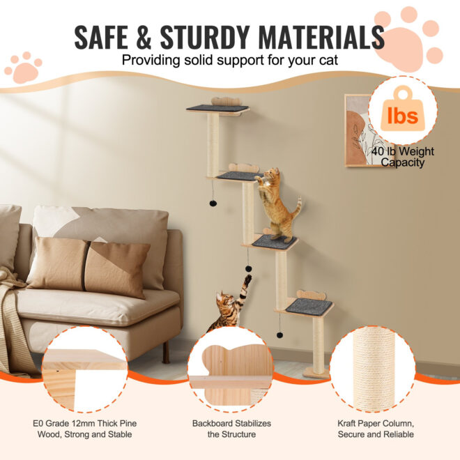 VEVOR Wall Mounted Cat Shelves Tree with Platform Tree-Shaped Cat Furniture Set - Image 3
