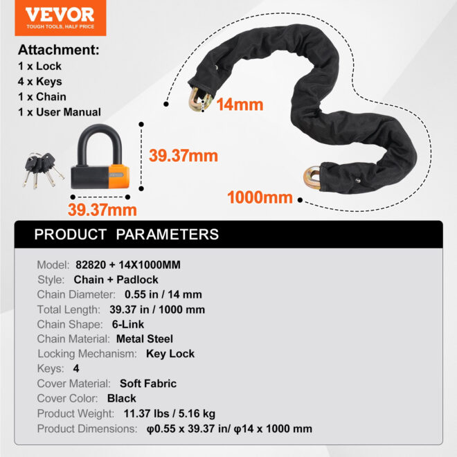 VEVOR Bike Chain Lock 3.28FT Heavy Duty Bike Lock Anti-Theft Bicycle Chain Lock 14mm Thicker Bicycle Lock Chain with 4 Keys for E-Bike, Motorcycle - Image 7