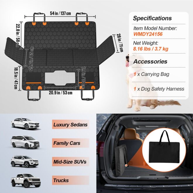 VEVOR 54 x 25.6 in Dog Car Seat Cover for Back Seat Waterproof 600D for Cars - Image 7
