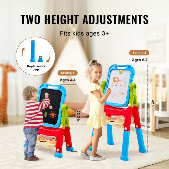 VEVOR 2-in-1 Kids Art Easel Double-Sided Magnetic Whiteboard Chalkboard Rotating - Image 3