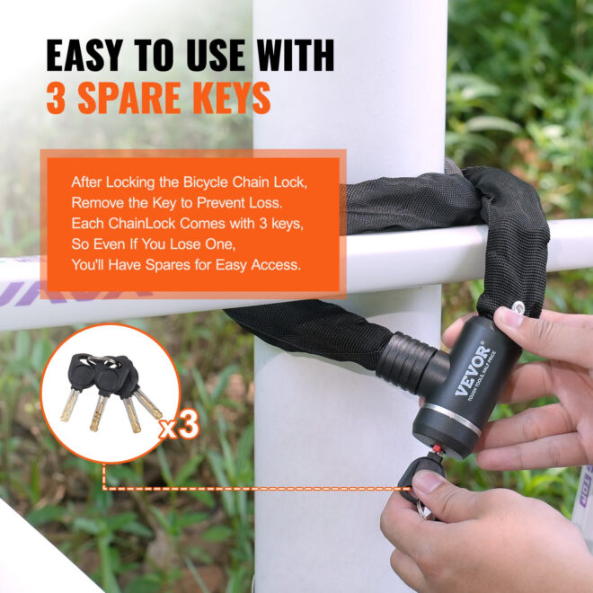 VEVOR Bike Chain Lock 3.94FT Heavy Duty Bike Lock Anti-Theft Bicycle Chain Lock 10mm Thicker Bicycle Lock Chain with 3 Keys for E-Bike, Motorcycle - Image 6