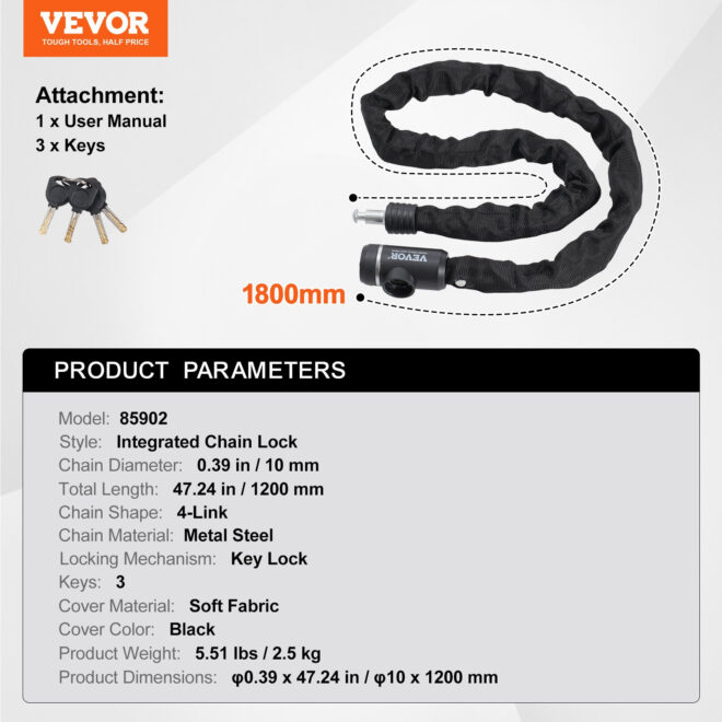 VEVOR Bike Chain Lock 3.94FT Heavy Duty Bike Lock Anti-Theft Bicycle Chain Lock 10mm Thicker Bicycle Lock Chain with 3 Keys for E-Bike, Motorcycle - Image 7