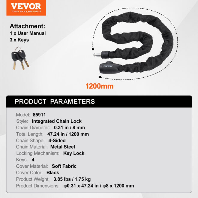 VEVOR Bike Chain Lock 47.24FT Heavy Duty Bike Lock Anti-Theft Bicycle Chain Lock 8mm Thicker Bicycle Lock Chain with 4 Keys for E-Bike, Motorcycle - Image 7