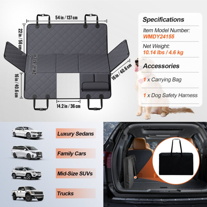 VEVOR 54 x 24 in Dog Car Seat Cover for Back Seat Waterproof 600D for Cars - Image 7