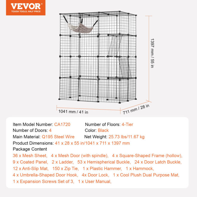 Large 4-tier Cat Cage 41 x 28 x 55" Metal Wire Cat Enclosure with Hammock - Image 7