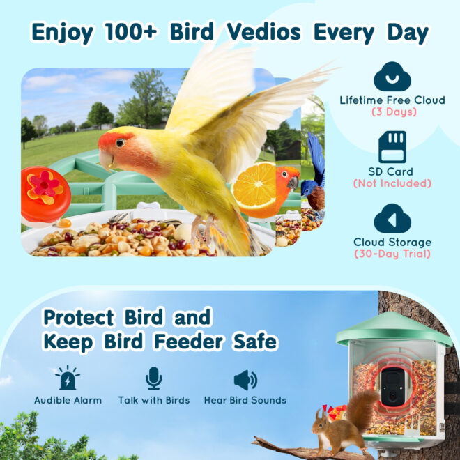 VEVOR Smart Bird Feeder with Camera 2K HD AI Identify Bird Species Solar-Powered - Image 3