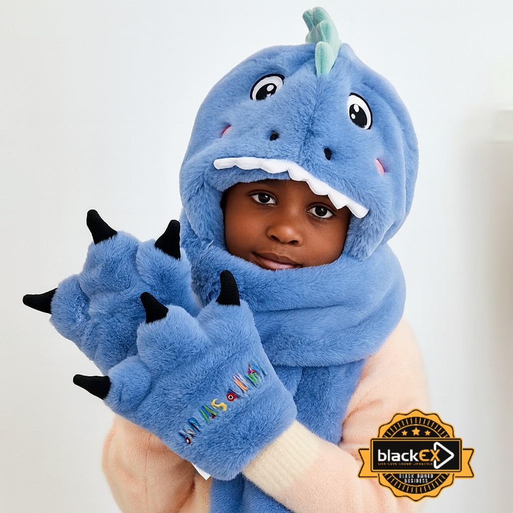 Winter Warm Cap Cute Dinosaur Plush Scarf Three-piece Set Hats - Image 4