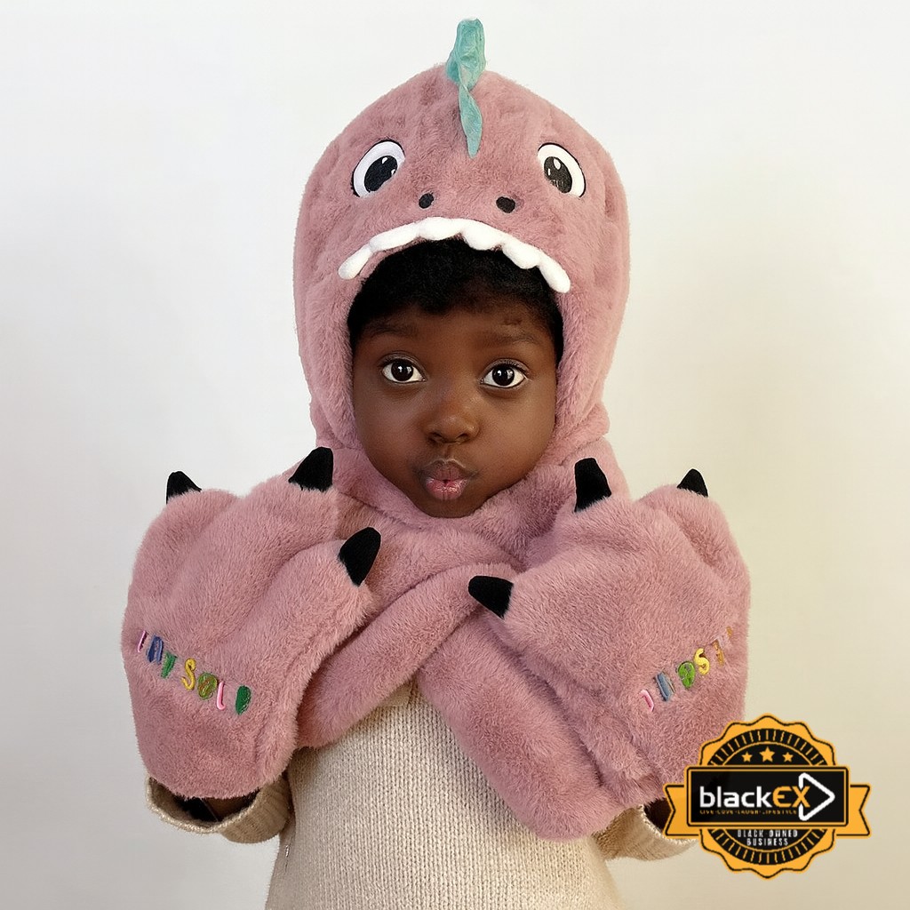 Winter Warm Cap Cute Dinosaur Plush Scarf Three-piece Set Hats - Image 2
