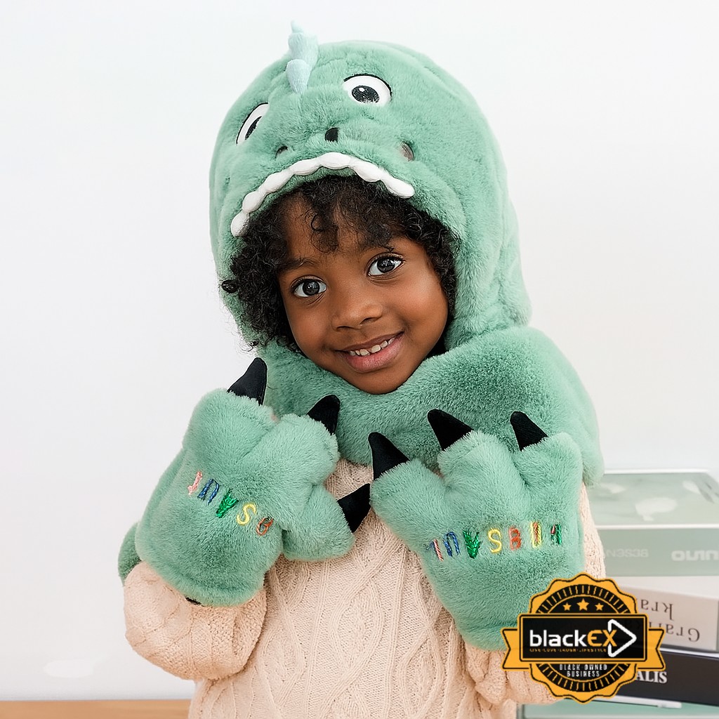 Winter Warm Cap Cute Dinosaur Plush Scarf Three-piece Set Hats - Image 6