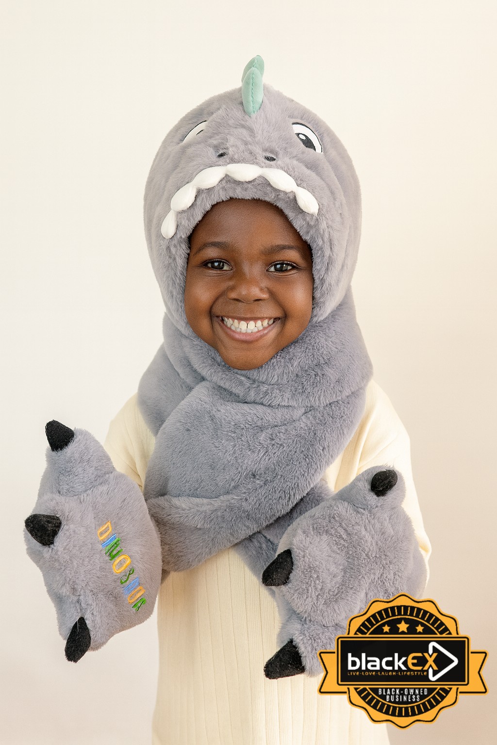 Winter Warm Cap Cute Dinosaur Plush Scarf Three-piece Set Hats - Image 5